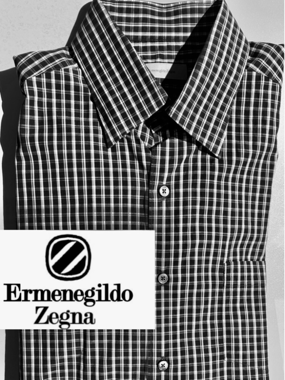 Ermenegildo Zegna Men’s XL Black Plaid Dress Shirt with Subtle Burgundy Stripes